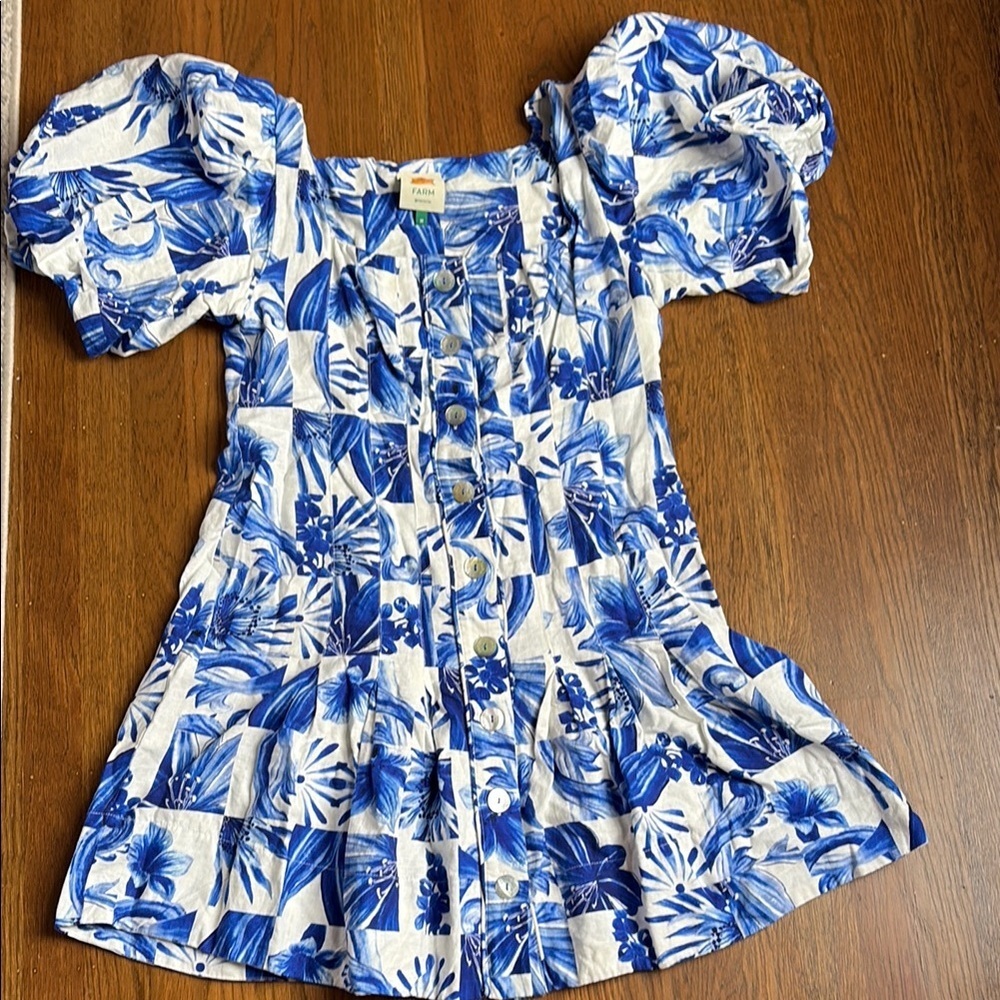 Farm Rio Garden Tiles Button Front Linen Blend Dress size M